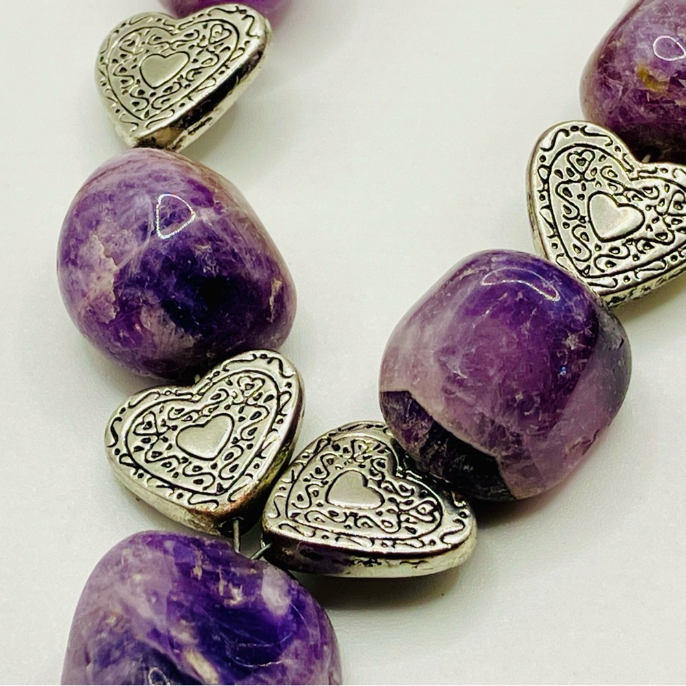Amethyst Purple stones silver heart Necklace - Picture 3 of 6